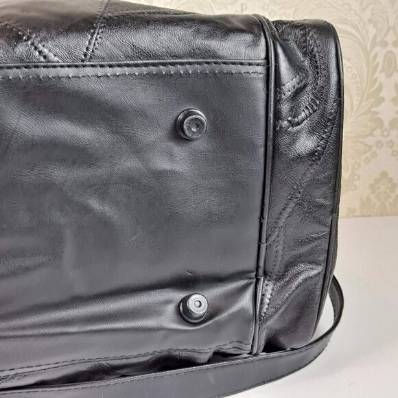Genuine Black Leather Patchwork Duffel Bag With Adjustable Strap Multi Pockets - Picture 11 of 16